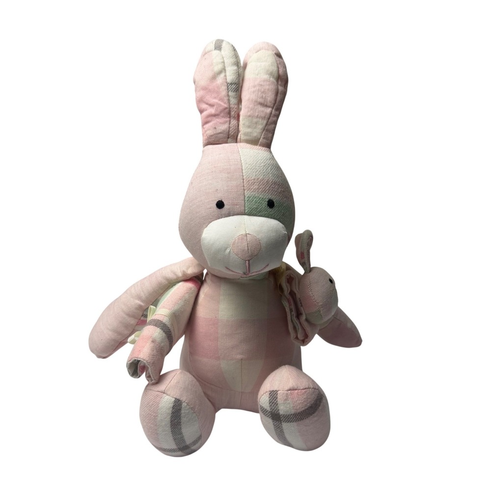 Baby Girl Bunny Plush Toy 12in Pink Plaid Patchwork Easter Rabbit Shower Upcycle